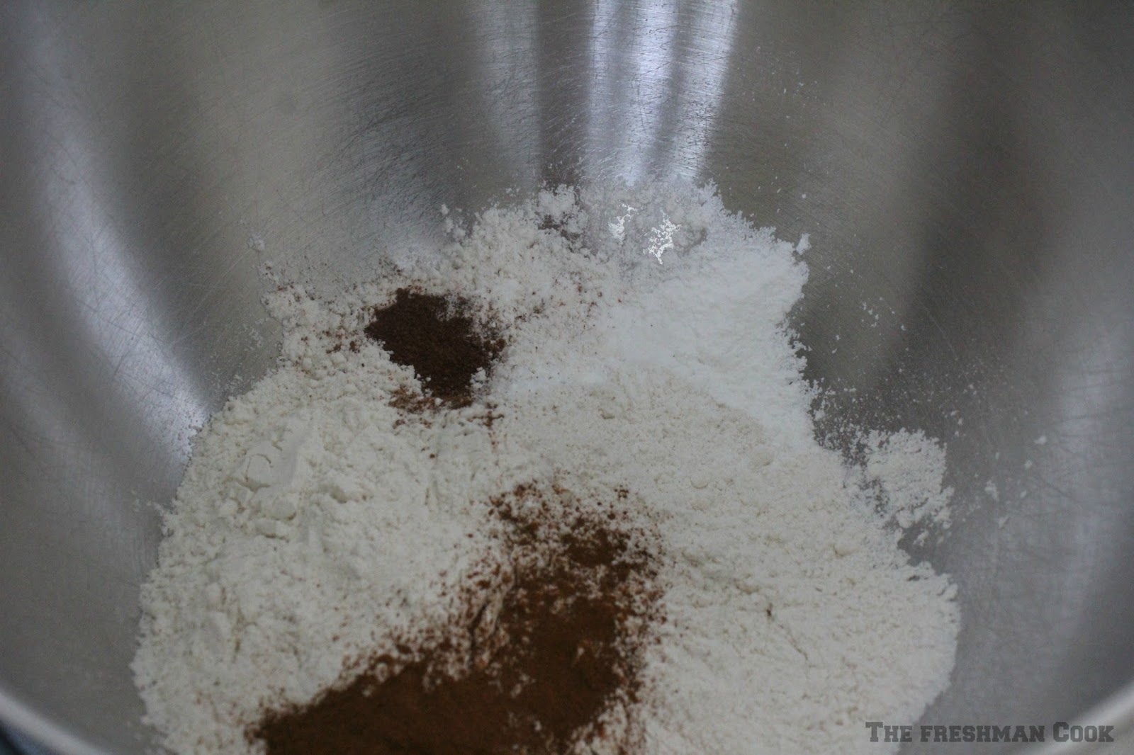 In a bowl, whisk together flour, baking powder, salt, nutmeg, and cinnamon