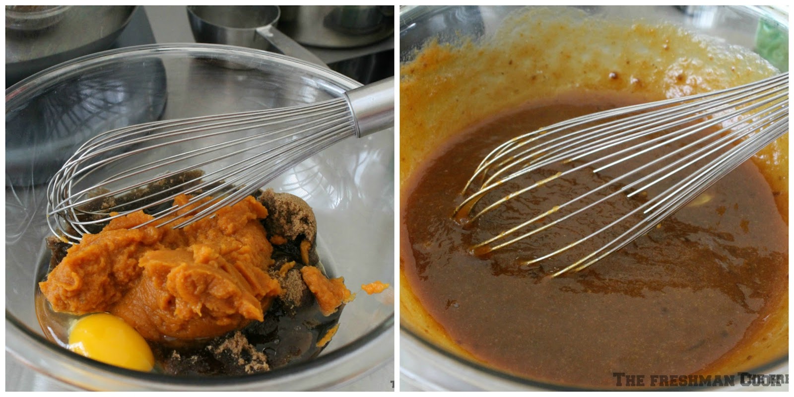 In a separate bowl, mix eggs, sunflower oil, brown sugar, and pumpkin puree until smooth