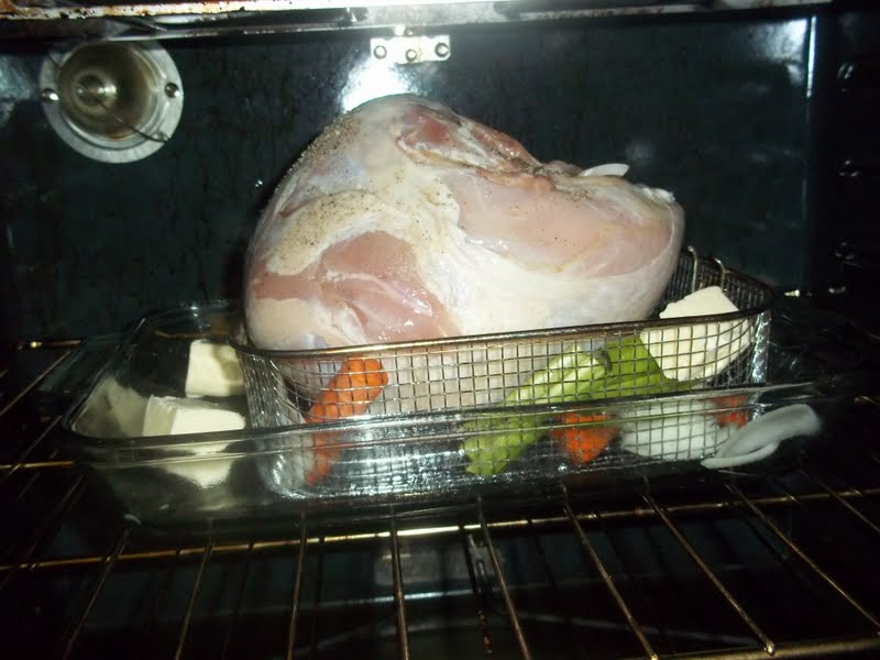 Place the butter, cut into 4 pieces, and pepper over the turkey