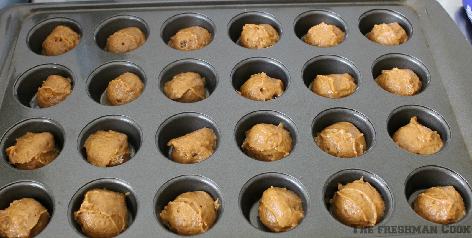 Scoop about 1 tablespoon of batter into each mini muffin cavity