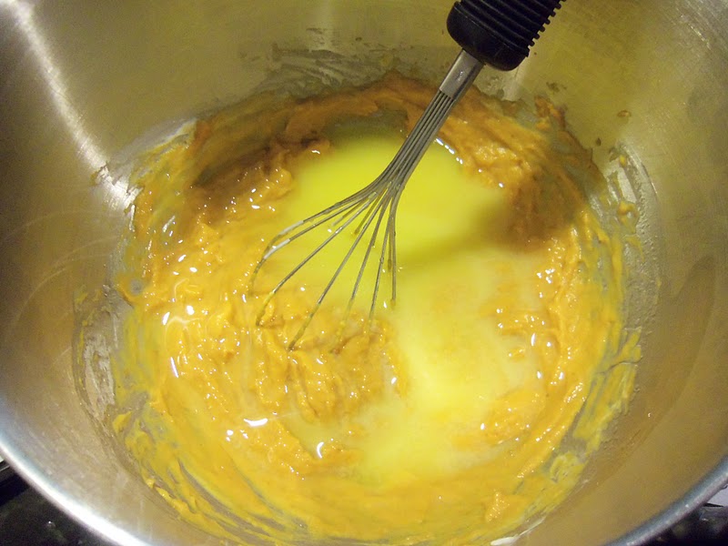 Whisk pumpkin and sour cream together. Add eggs and cooled melted butter; whisk until smooth