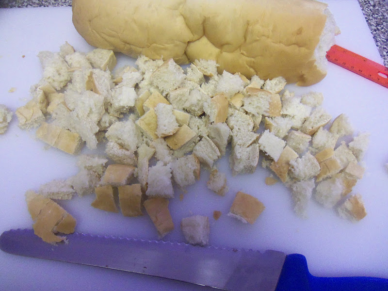 Cut bread into 1/3″ cubes, remove the crust if you like