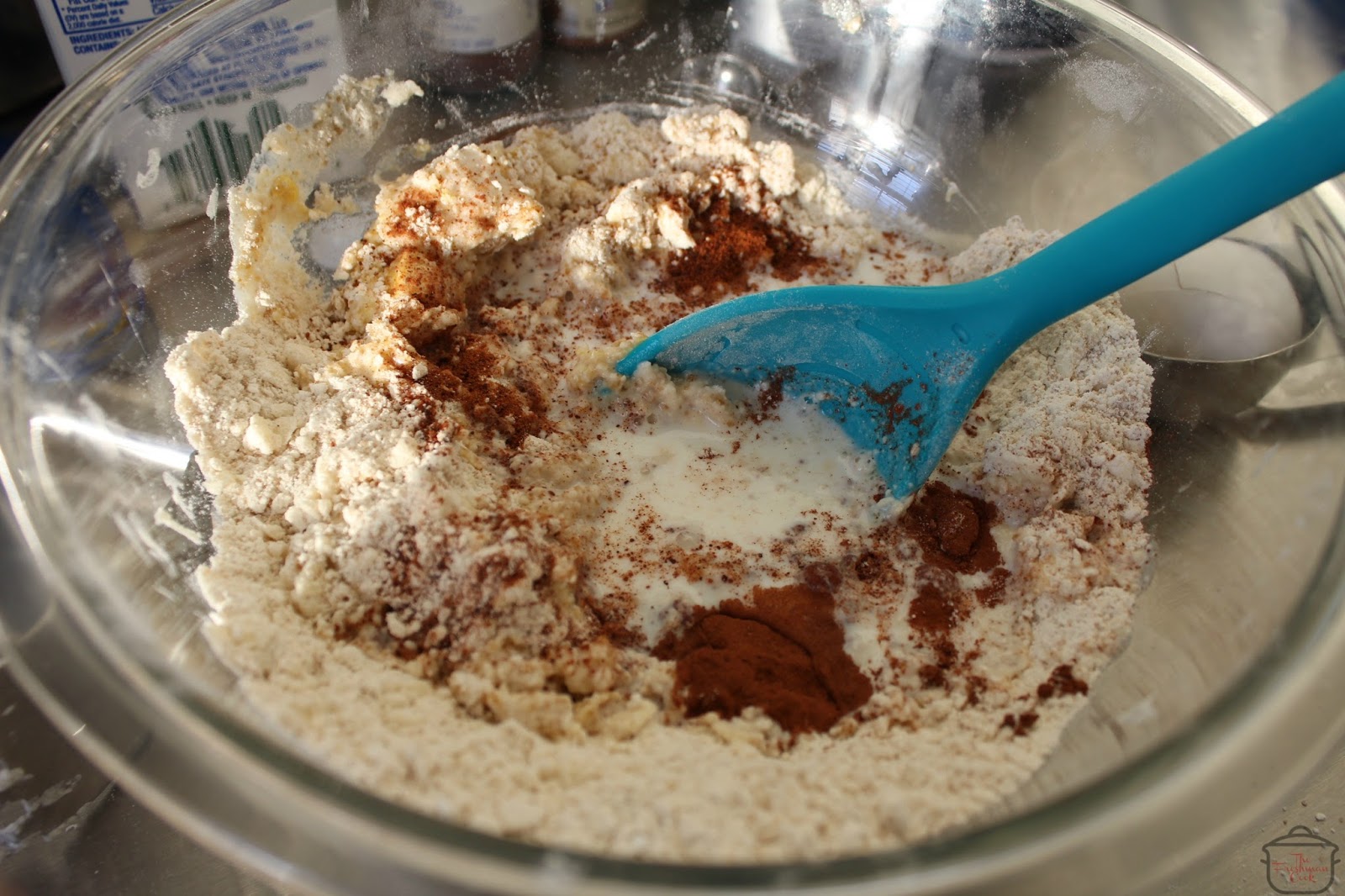 Stir in cinnamon and nutmeg. Add the egg, milk, and pumpkin and mix just until a soft dough forms