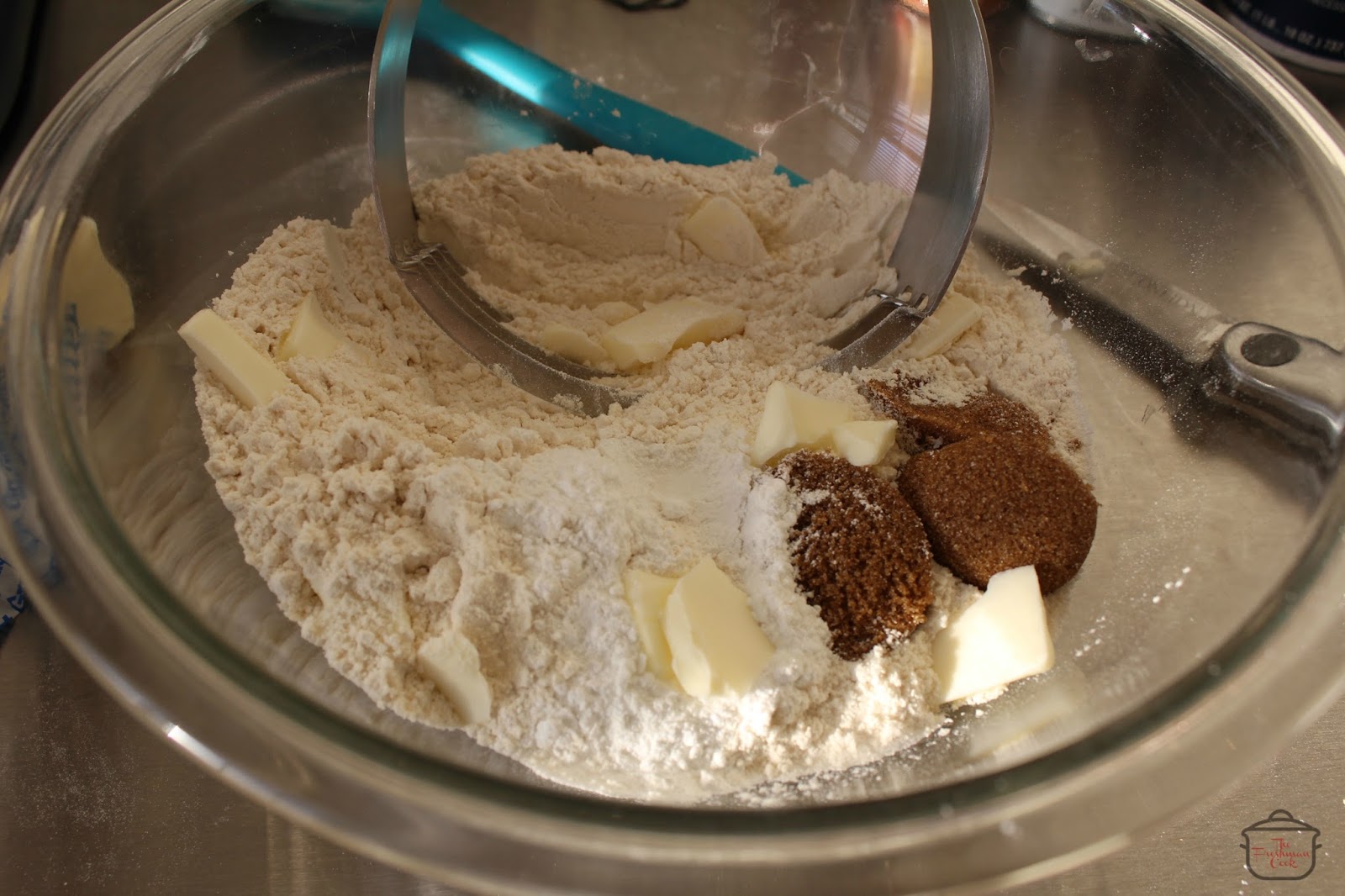 Whisk flour, brown sugar, baking powder, and salt. Cut in the cold butter