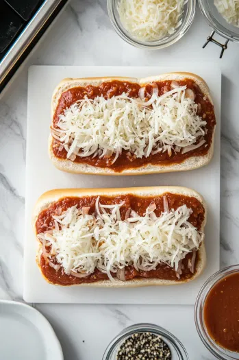 Top-down view over a white marble cooktop with two hoagie rolls laid open. Pizza sauce is being spread on the bottom roll, with sautéed onions layered on top, while shredded mozzarella cheese is placed on the top roll, ready for broiling.