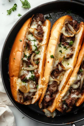 Top-down view over a white marble cooktop showing the assembled hoagie under the broiler. The cheese is melting and onions are sizzling, with a spatula nearby, ready to serve the hot pizza steak hoagie, highlighting the melted cheese and inviting presentation.