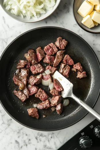 Top-down view over a white marble cooktop with a black frying pan on the stovetop. Steak fat is sizzling in the pan, and a spatula is removing the crispy pieces. In a separate small pan, butter is melting as the sliced onions are sautéed, capturing the savory cooking aromas.