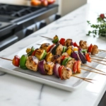 The assembled kabobs rest on a platter on the white marble cooktop, finished with a drizzle of thick, tangy apple cider reduction for added flavor. The kabobs are now ready to be served and enjoyed.