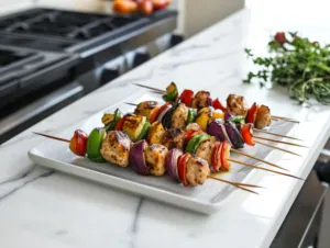 The assembled kabobs rest on a platter on the white marble cooktop, finished with a drizzle of thick, tangy apple cider reduction for added flavor. The kabobs are now ready to be served and enjoyed.