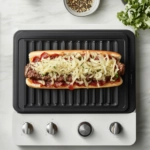 Top-down view over a white marble cooktop showing the assembled hoagie under the broiler. The cheese is melting and onions are sizzling, with a spatula nearby, ready to serve the hot pizza steak hoagie, highlighting the melted cheese and inviting presentation.