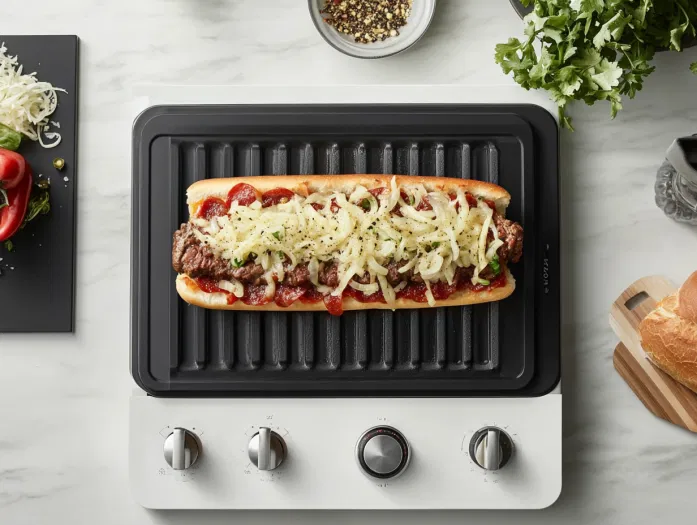 Top-down view over a white marble cooktop showing the assembled hoagie under the broiler. The cheese is melting and onions are sizzling, with a spatula nearby, ready to serve the hot pizza steak hoagie, highlighting the melted cheese and inviting presentation.