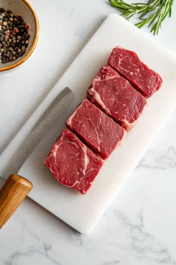 Top-down view over a white marble cooktop showing an 8-ounce filet mignon on a cutting board. A sharp knife trims the fat edges, and a meat mallet is ready as the steak is pounded into thin slices, focusing on the preparation details