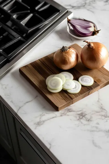 Top-down view over a white marble cooktop with a medium onion on a cutting board. The onion is being sliced into thin slices with a sharp knife, and a bowl is placed nearby to collect the vibrant slices, emphasizing the vegetable preparation.