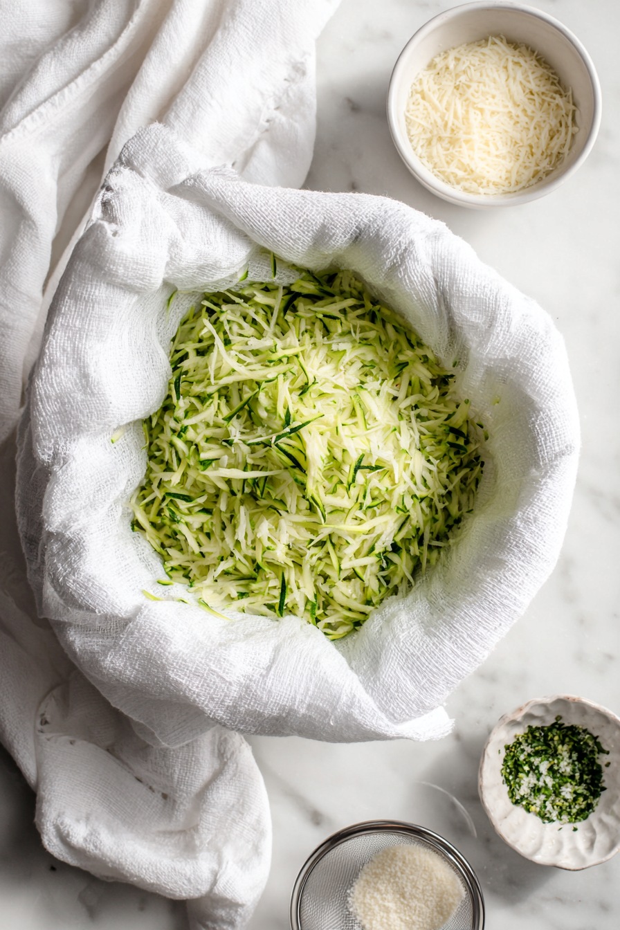 After 10 minutes, use your hands to squeeze out the excess liquid from the grated zucchini