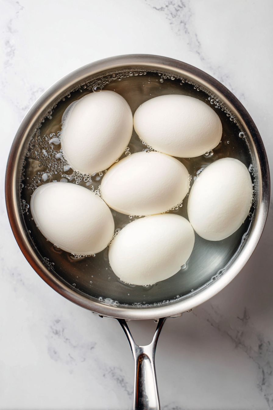 Place the eggs in a single layer in a saucepan and cover them with cold water. Bring the water to a boil over medium-high heat. Once boiling, reduce the heat to low and simmer for 10 minutes.