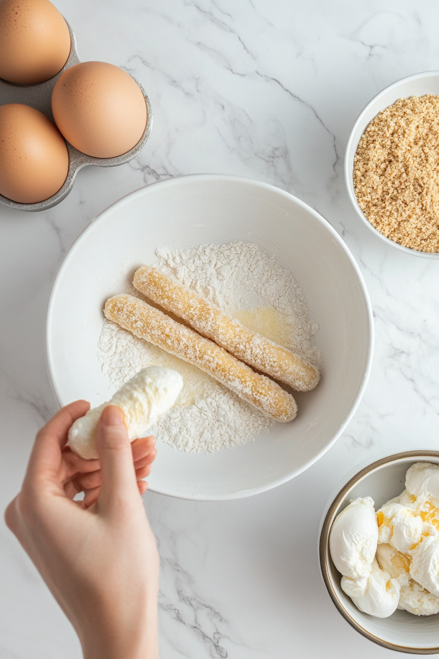 This image shows a hand dipping a mozzarella cheese stick into the flour, followed by the beaten eggs and then into the seasoned breadcrumbs, demonstrating the breading process for creating crispy cheese sticks.