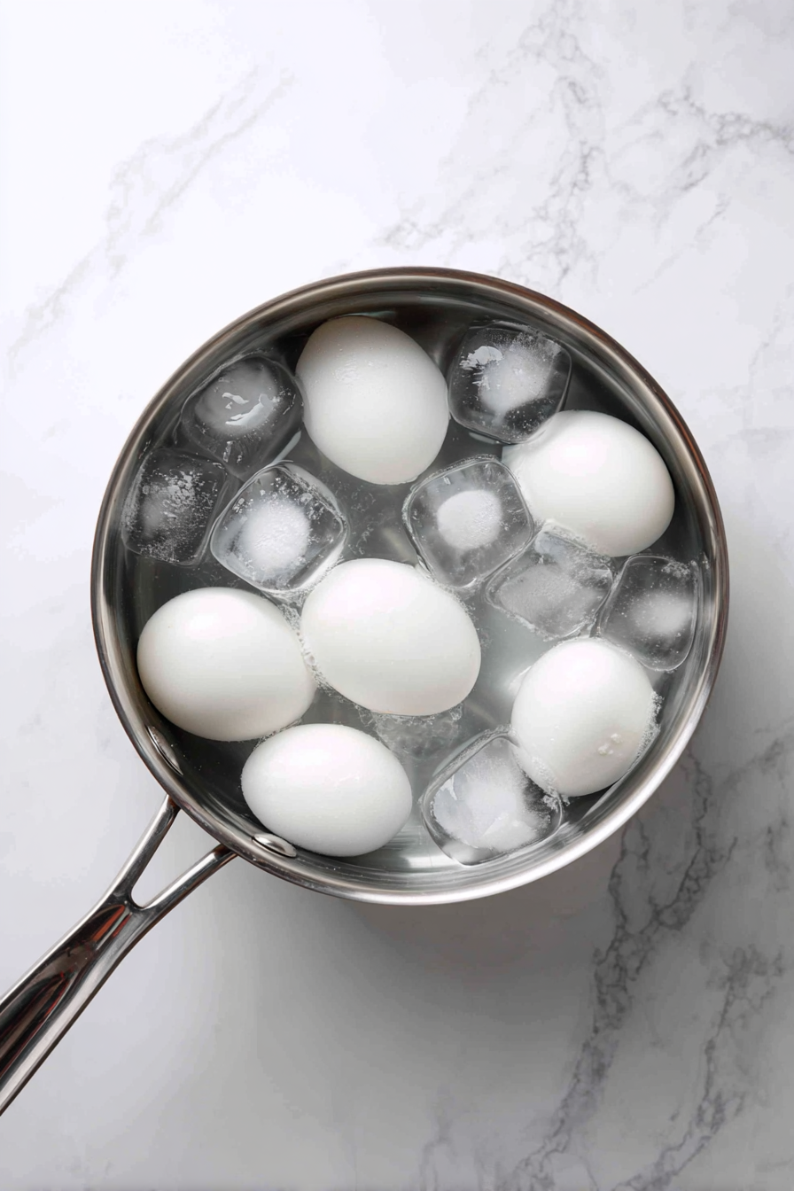 After boiling, remove the eggs from the heat and immediately transfer them to a bowl of ice water to cool. Let them sit in the ice water for about 5 minutes to cool completely.
