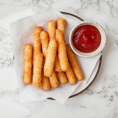 This image shows a tempting platter of golden brown mozzarella cheese sticks, perfectly crispy on the outside and gooey on the inside, accompanied by a vibrant bowl of marinara sauce, showcasing the ultimate cheesy indulgence.