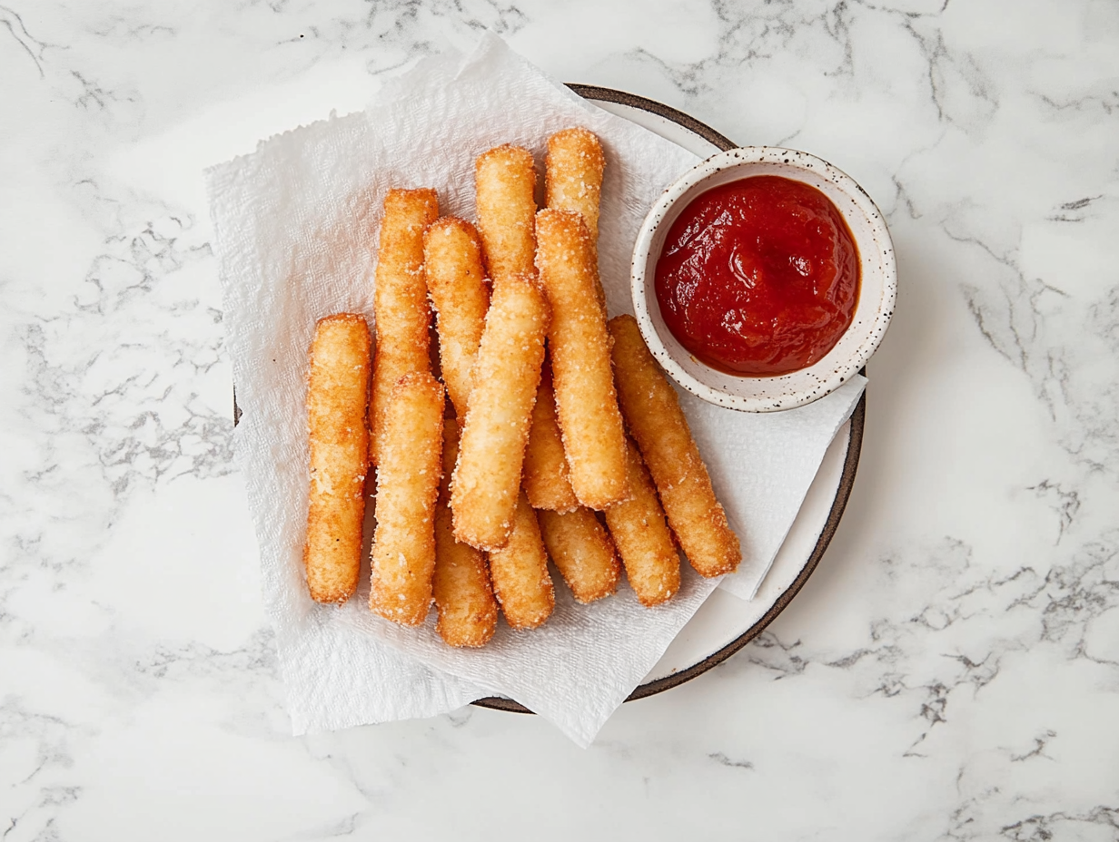 This image shows a tempting platter of golden brown mozzarella cheese sticks, perfectly crispy on the outside and gooey on the inside, accompanied by a vibrant bowl of marinara sauce, showcasing the ultimate cheesy indulgence.