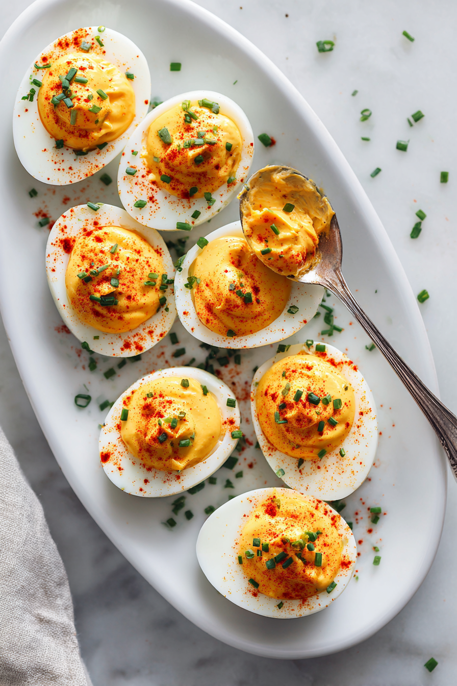 Optionally, sprinkle the filled eggs with paprika for a pop of color, and garnish with chopped fresh chives or parsley for added flavor and presentation.