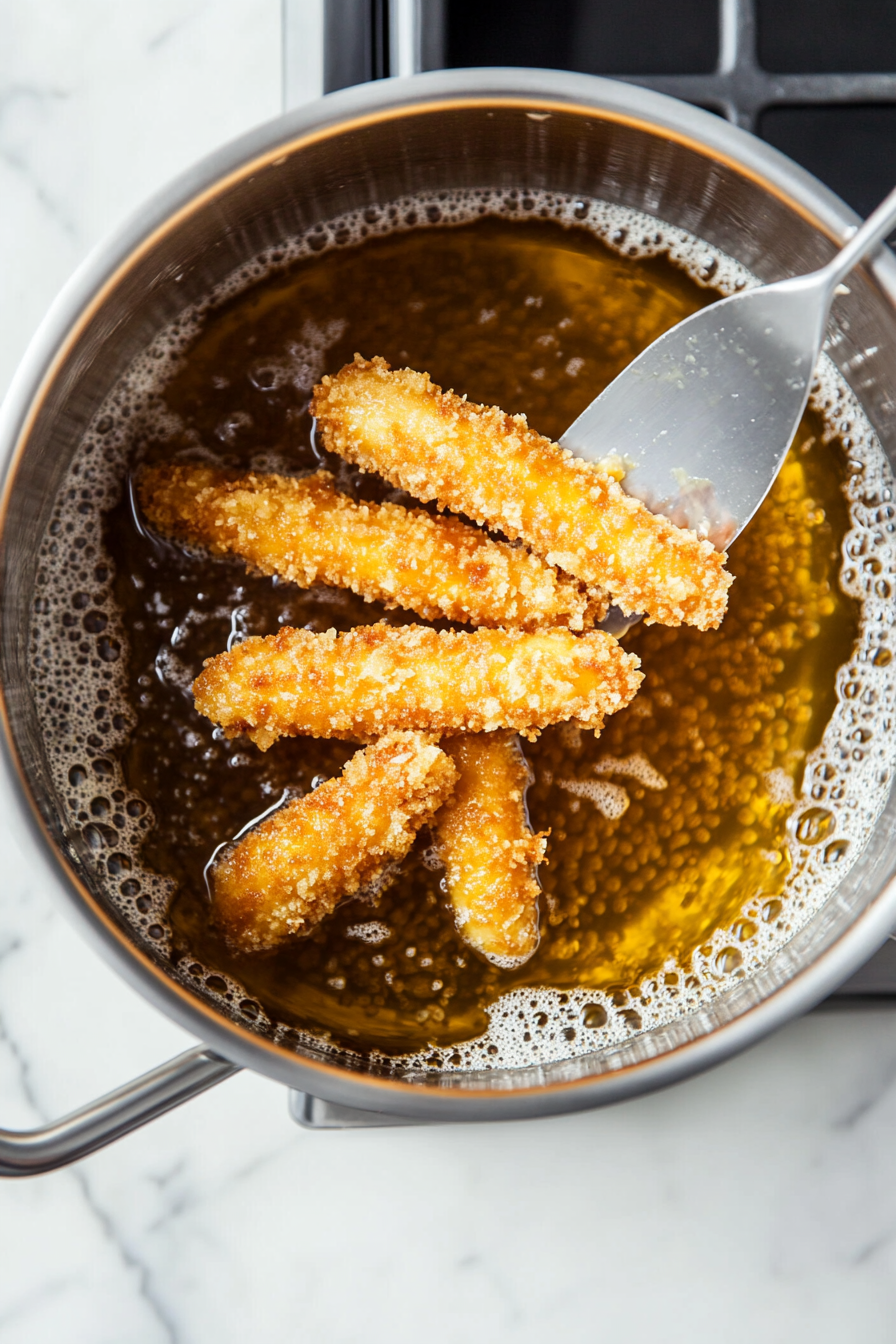 This image shows several breaded mozzarella cheese sticks frying in a deep fryer filled with bubbling hot oil, achieving a beautiful golden brown color as they cook for the perfect crunchy exterior.