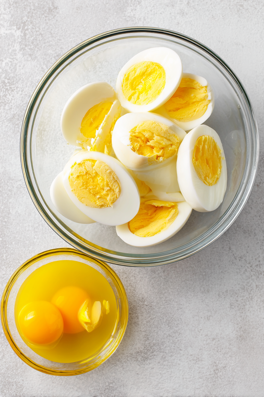 Once peeled, slice each egg in half lengthwise. Carefully remove the yolks and place them in a mixing bowl. Set the egg white halves aside on a serving platter.