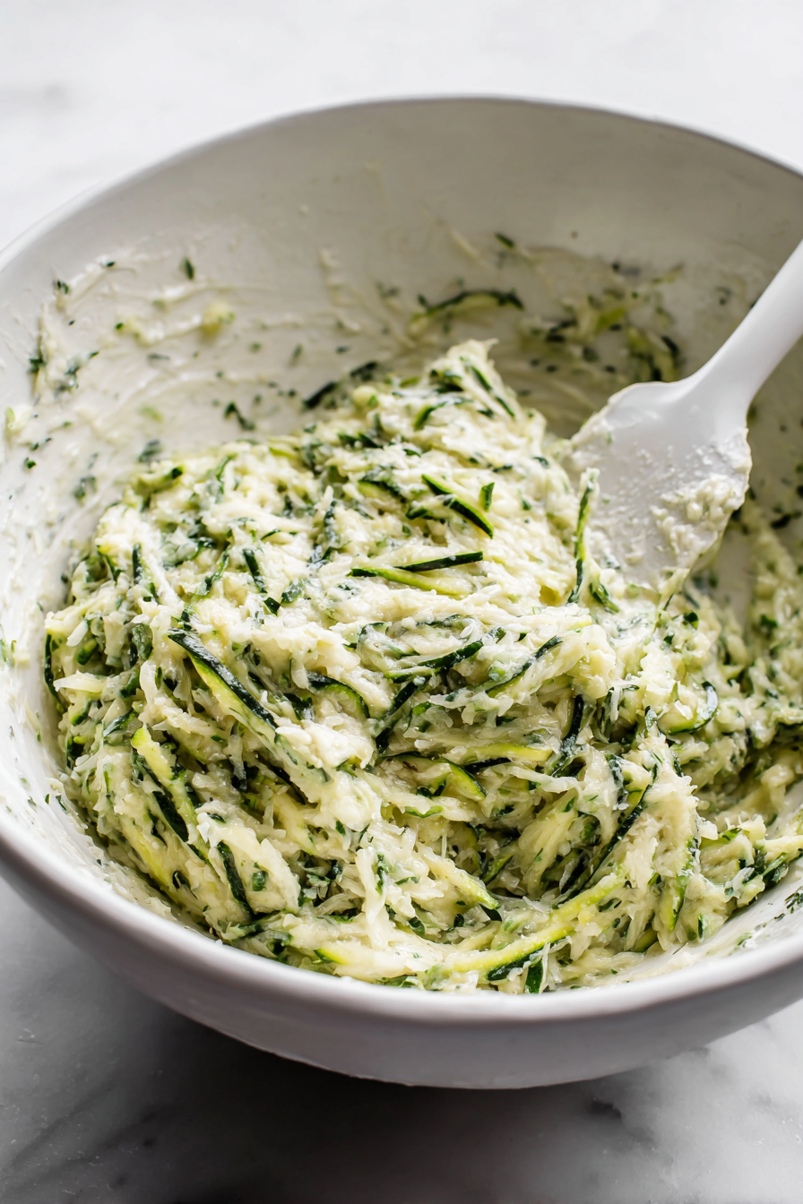 In a mixing bowl, combine the grated zucchini, minced garlic, grated Parmesan cheese, all-purpose flour, beaten egg, chopped fresh herbs, and black pepper