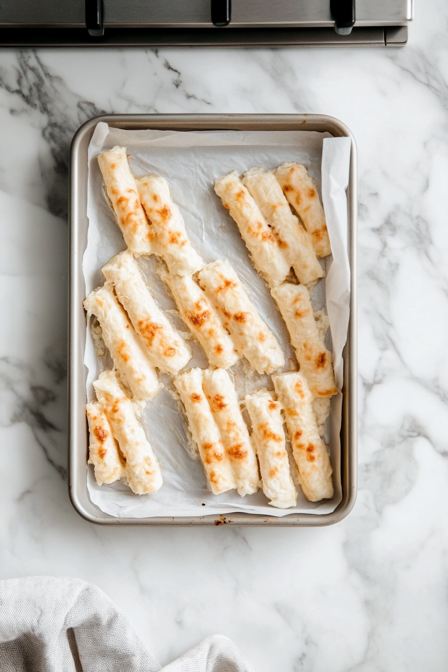 This image shows a baking sheet lined with parchment paper filled with mozzarella cheese sticks, placed in the freezer for about 30 minutes to firm up before breading and frying.