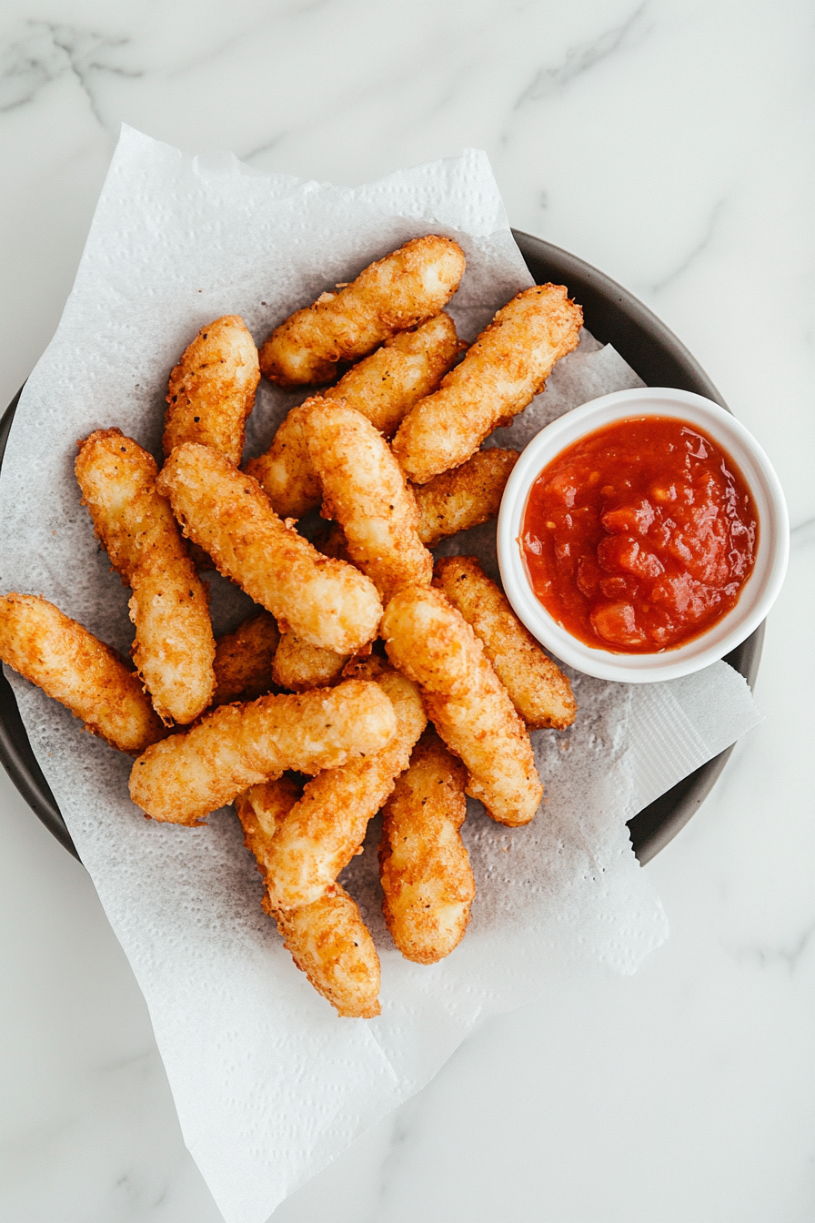 This image shows a plate filled with freshly fried mozzarella cheese sticks served hot, alongside a small bowl of marinara sauce, ready for dipping and enjoyment.