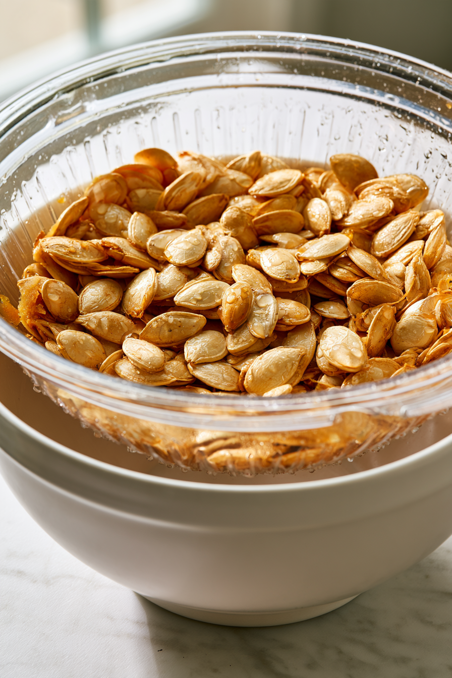 Remove the seeds from the pumpkin and place them in a bowl of water