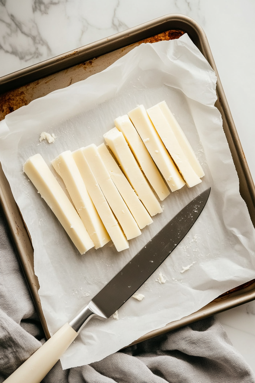 This image shows a block of fresh mozzarella cheese being carefully sliced into long sticks, each measuring approximately 3 to 4 inches in length, preparing for the delicious mozzarella cheese sticks recipe.