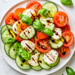 This image shows a colorful and refreshing Tomato Cucumber Mozzarella Salad with juicy tomatoes, crunchy cucumbers, creamy mozzarella, and fresh basil, drizzled with olive oil and balsamic vinegar.