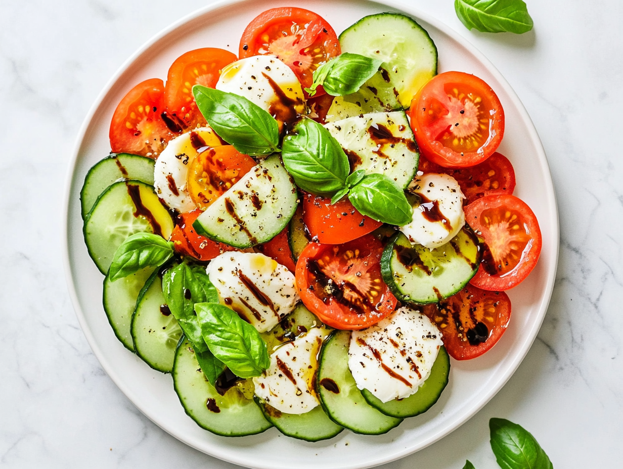 This image shows a colorful and refreshing Tomato Cucumber Mozzarella Salad with juicy tomatoes, crunchy cucumbers, creamy mozzarella, and fresh basil, drizzled with olive oil and balsamic vinegar.