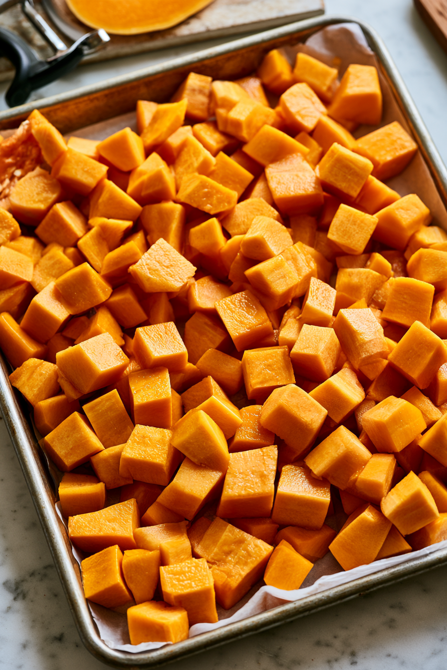 Cut the butternut squash into 1-inch squares after peeling and pitting it