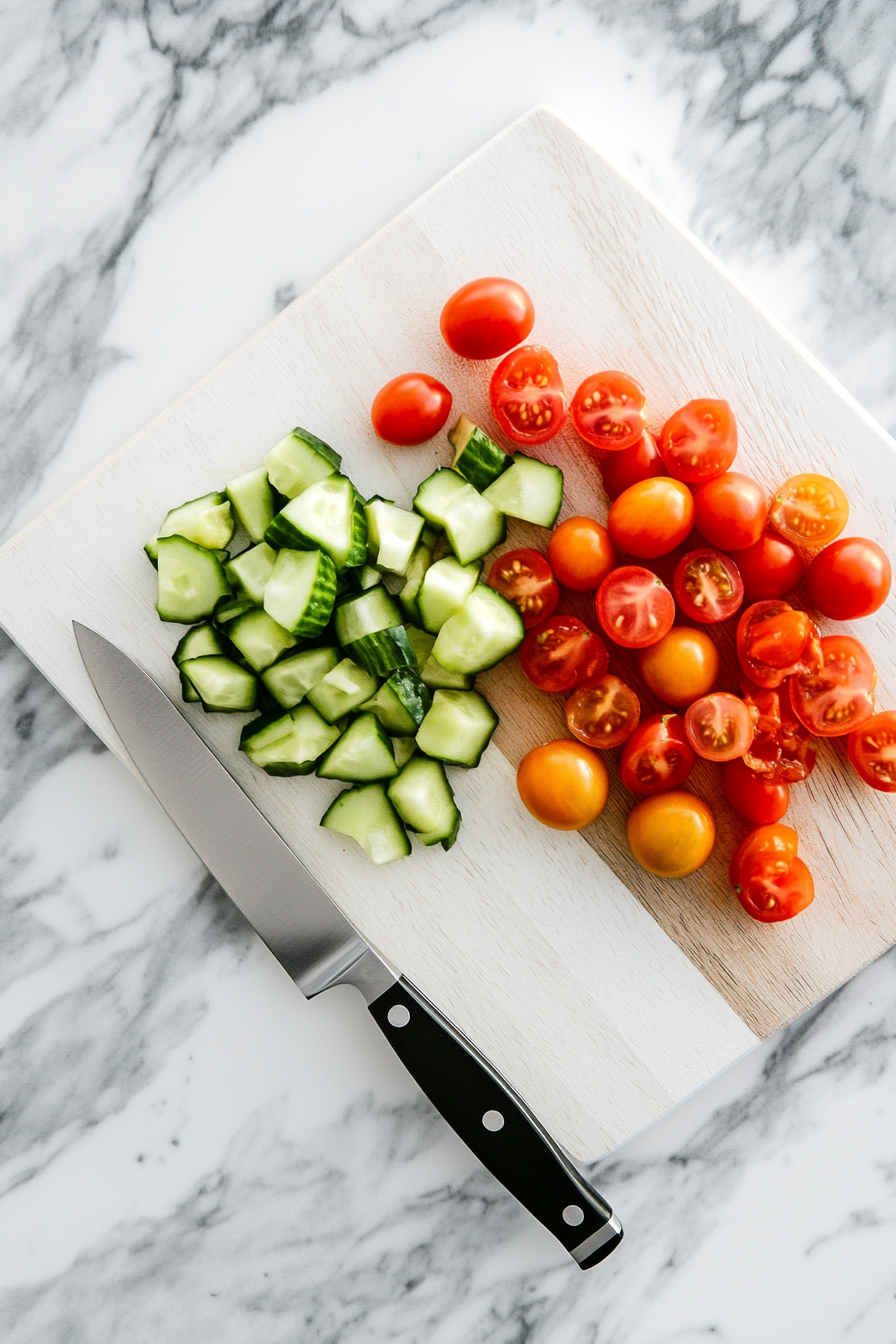 This image shows the process of chopping grape tomatoes in half and slicing a cucumber into small cubes for the Tomato Cucumber Mozzarella Salad.