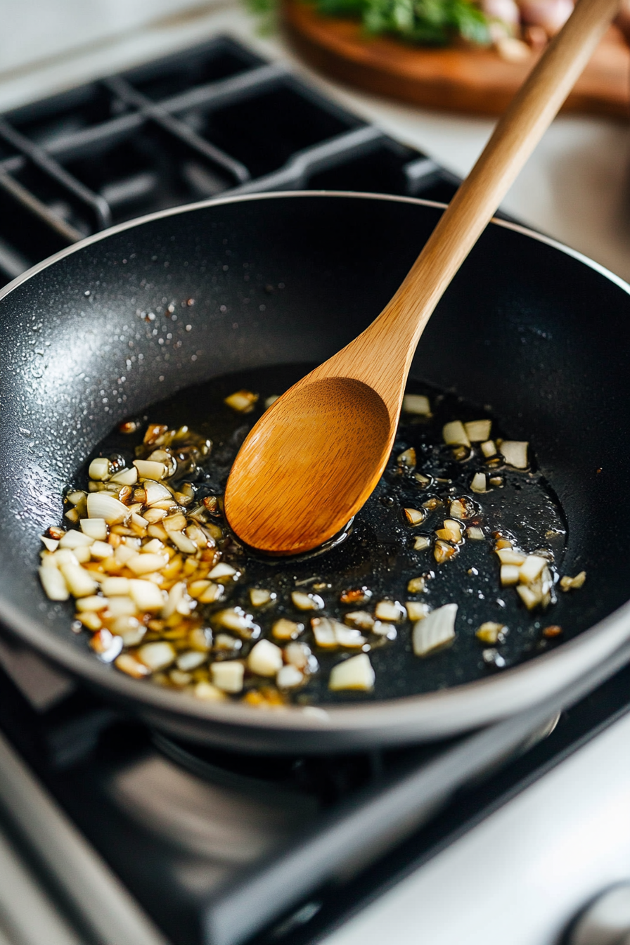 This image shows minced garlic being cooked in olive oil in a skillet over medium heat, creating a fragrant base for the salad dressing.