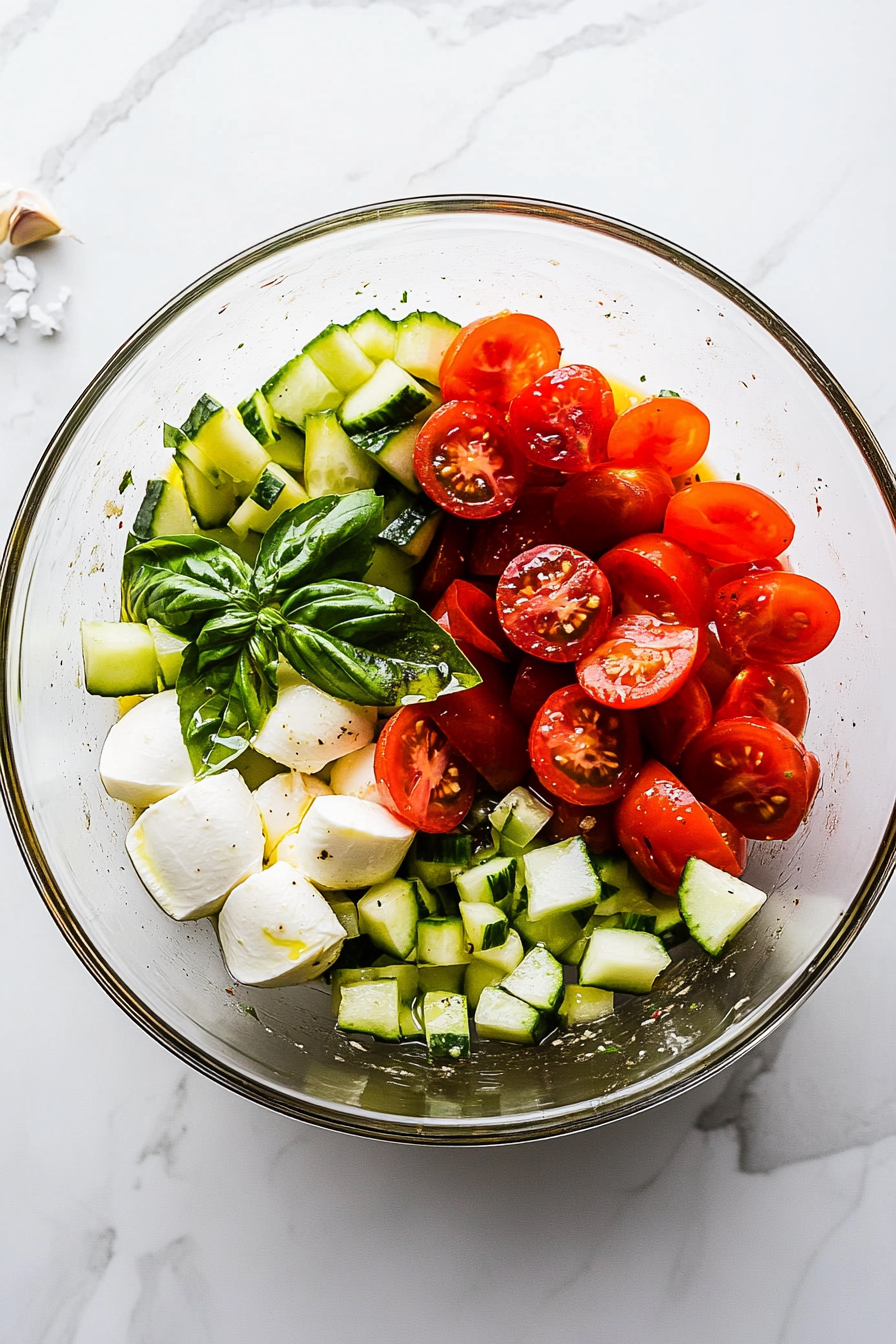 This image shows all the salad ingredients, including chopped tomatoes, cucumbers, mozzarella chunks, and basil leaves, being combined in a large mixing bowl.