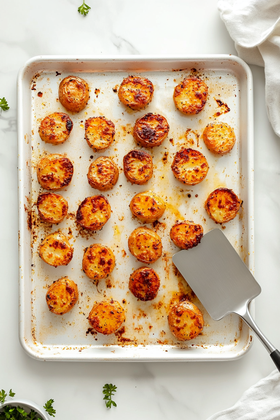 The roasted potatoes are removed from the oven after achieving a golden, crispy texture. They are served warm, perfect for pairing with any meal as a savory side dish.