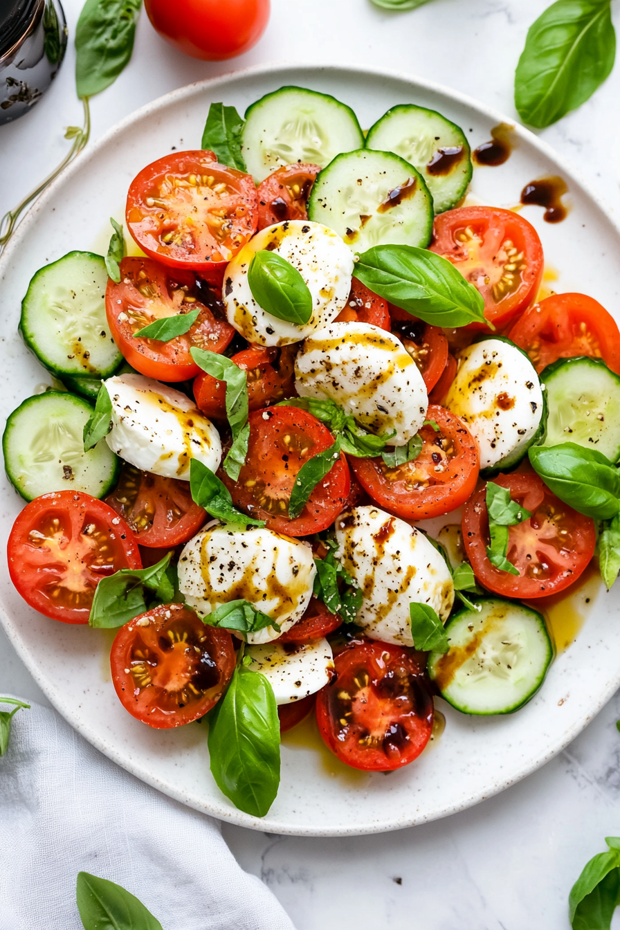 This image shows the finished Tomato Cucumber Mozzarella Salad served on a platter, garnished with fresh basil and ready to be enjoyed.