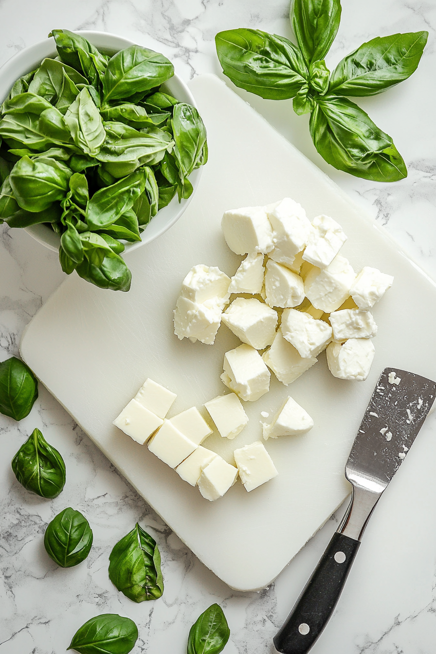 This image shows mozzarella cheese being cut into bite-sized pieces and fresh basil leaves being torn into small portions for the salad.