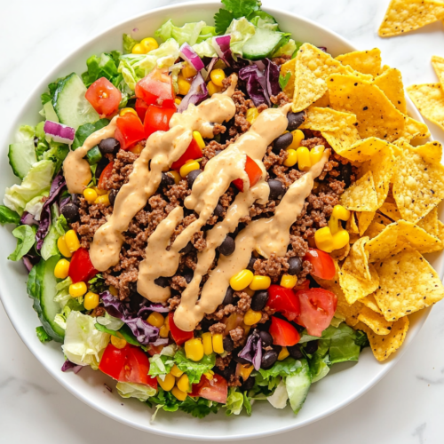 This image shows a colorful taco salad with seasoned ground beef, tomatoes, shredded cheese, avocado, and crunchy tortilla chips, drizzled with a creamy lime taco salad dressing on top.