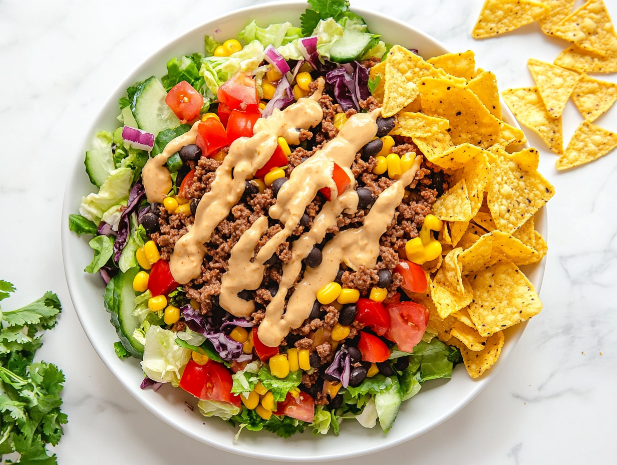 This image shows a colorful taco salad with seasoned ground beef, tomatoes, shredded cheese, avocado, and crunchy tortilla chips, drizzled with a creamy lime taco salad dressing on top.