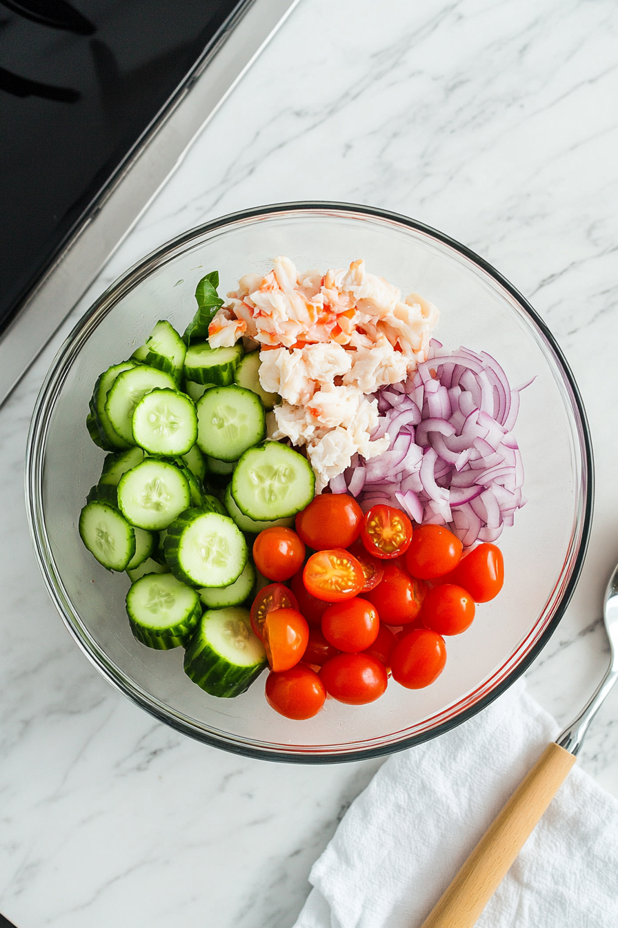 This image shows a large mixing bowl filled with thinly sliced cucumbers, shredded crab meat, sliced red onions, and halved cherry tomatoes, ready to be mixed.