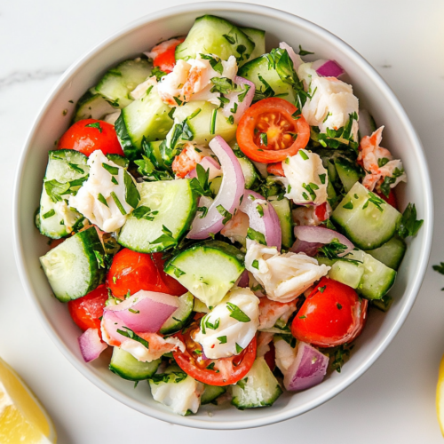 This image shows the cucumber crab salad beautifully served in a bowl, topped with a sprinkle of fresh parsley and ready to be enjoyed as a light and flavorful summer dish