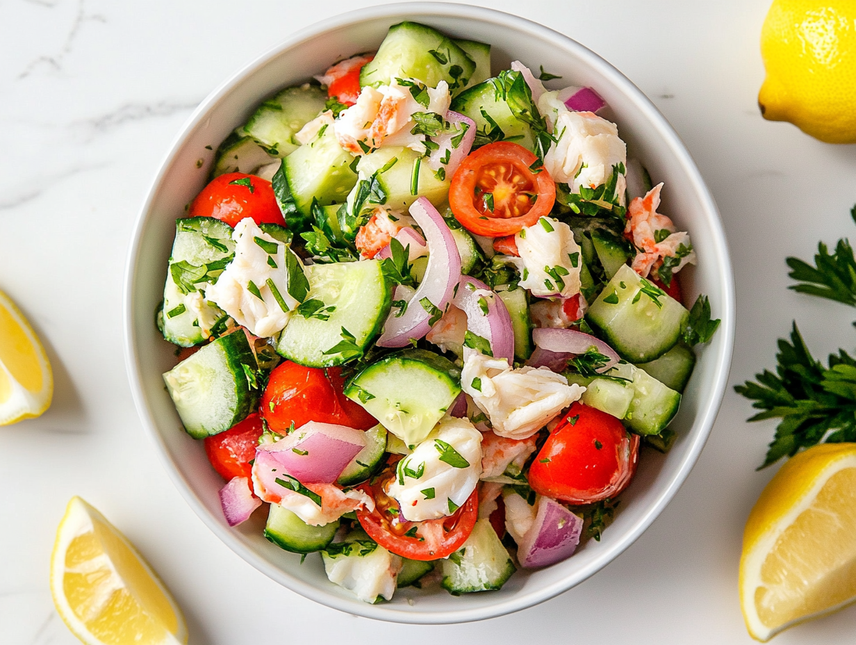 This image shows the cucumber crab salad beautifully served in a bowl, topped with a sprinkle of fresh parsley and ready to be enjoyed as a light and flavorful summer dish