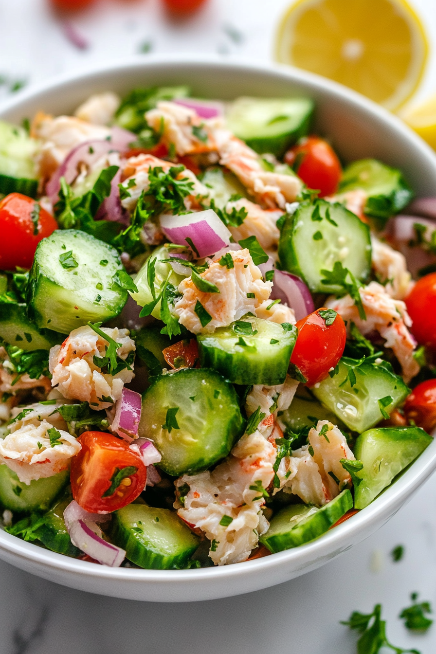 This image shows the cucumber crab salad being gently tossed with a spoon to ensure all the ingredients are evenly coated with the dressing.