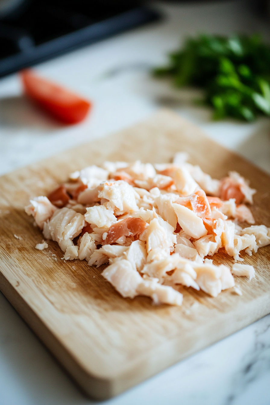 This image shows fresh crab meat being shredded into small pieces, ready to be mixed with the cucumbers and other ingredients for the salad.