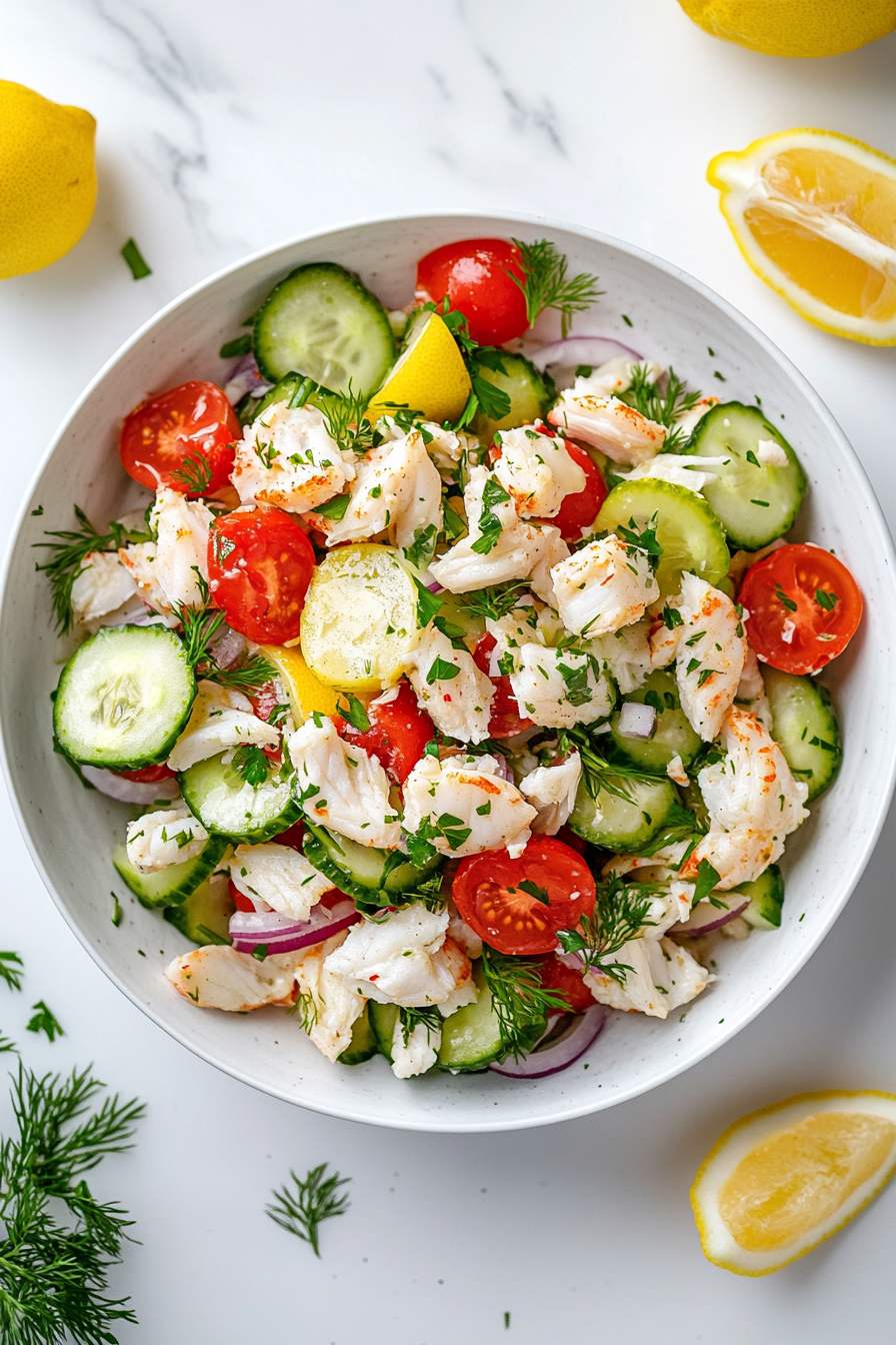 This image shows the cucumber crab salad served in a white bowl, garnished with fresh parsley, ready to enjoy as a light and refreshing dish.