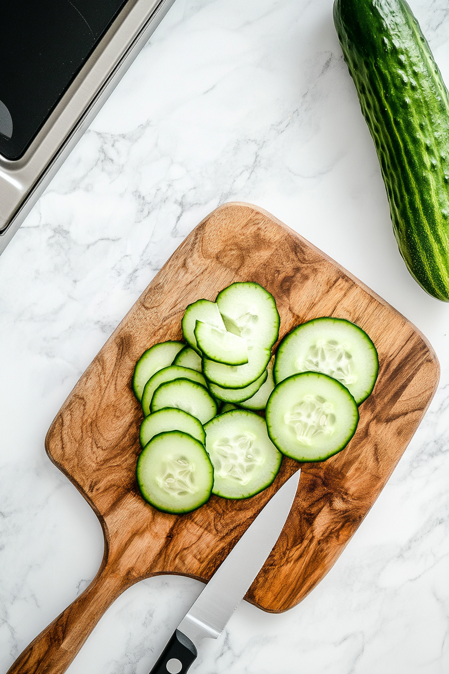 This image shows cucumbers being thinly sliced into circular rounds on a cutting board, ready to be used in the cucumber crab salad.