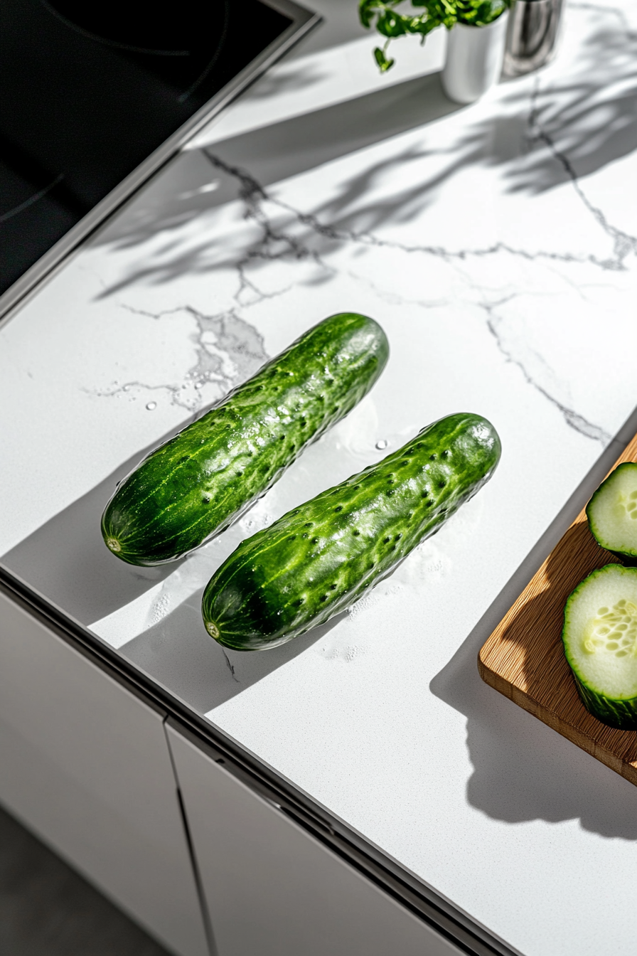 This image shows fresh cucumbers being thoroughly washed under running water to prepare them for slicing and adding to the salad.